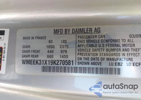 2009 Smart Fortwo Brabus/Passion из США, поврежденный, VIN WMEEK31X19K270581